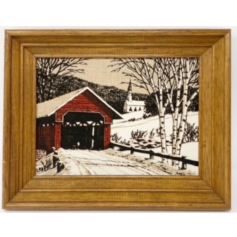 Vintage KayDee Hand Print Pure Linen Covered Bridge Frame AMERICAN ART